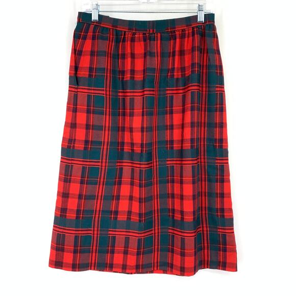 Vintage Red Tartan Wool Midi Skirt Womens Size 6 A-Line Pleated Plaid 28” Waist - Picture 2 of 5